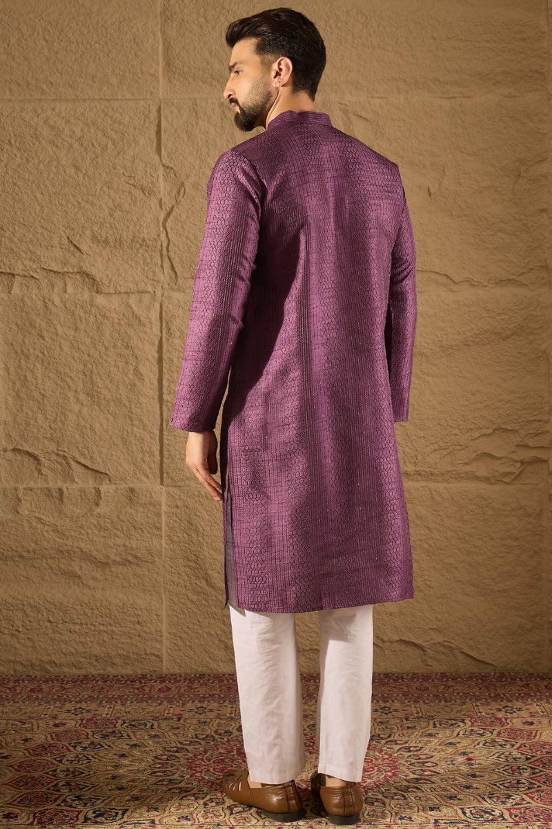 Purple Silk Blend Solid Embroidered Straight Kurta with Trouser | SHOBITAM