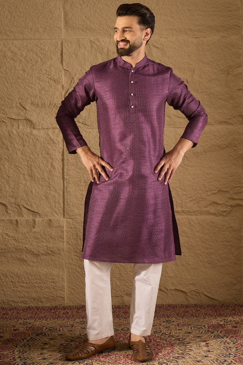 Purple Silk Blend Solid Embroidered Straight Kurta with Trouser | SHOBITAM
