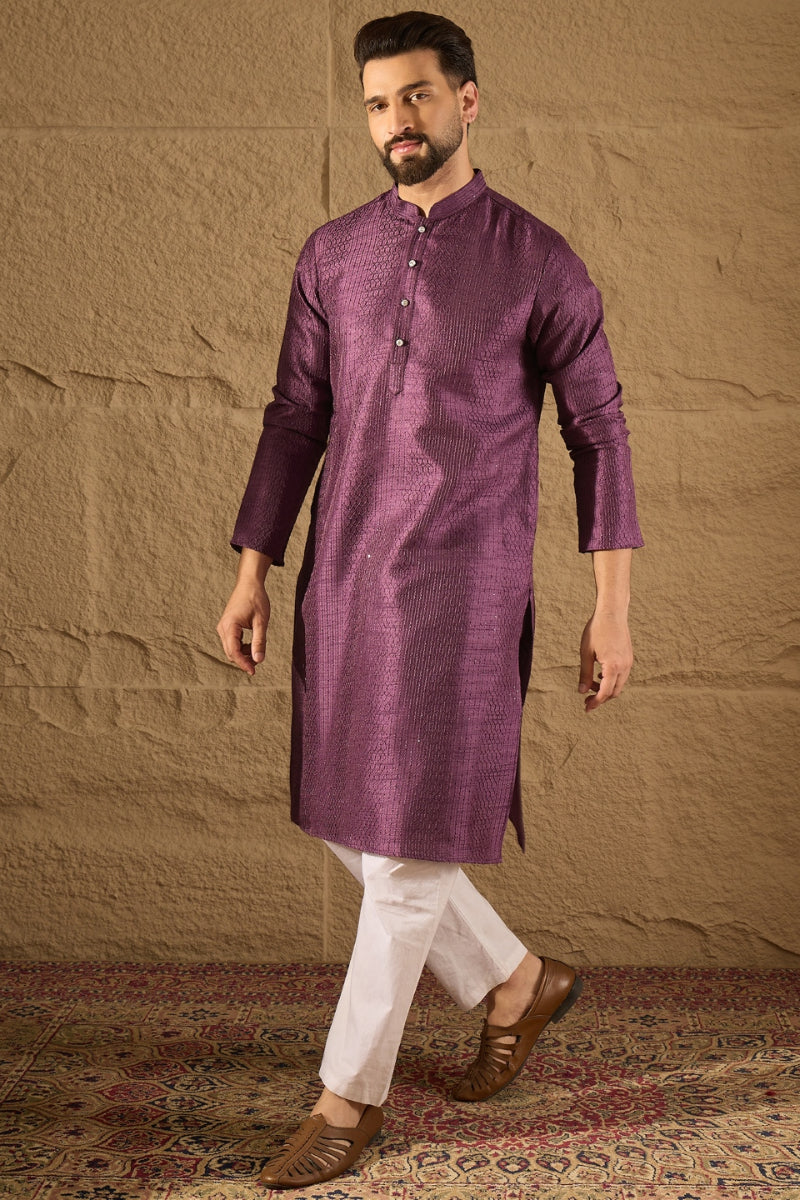 Purple Silk Blend Solid Embroidered Straight Kurta with Trouser | SHOBITAM