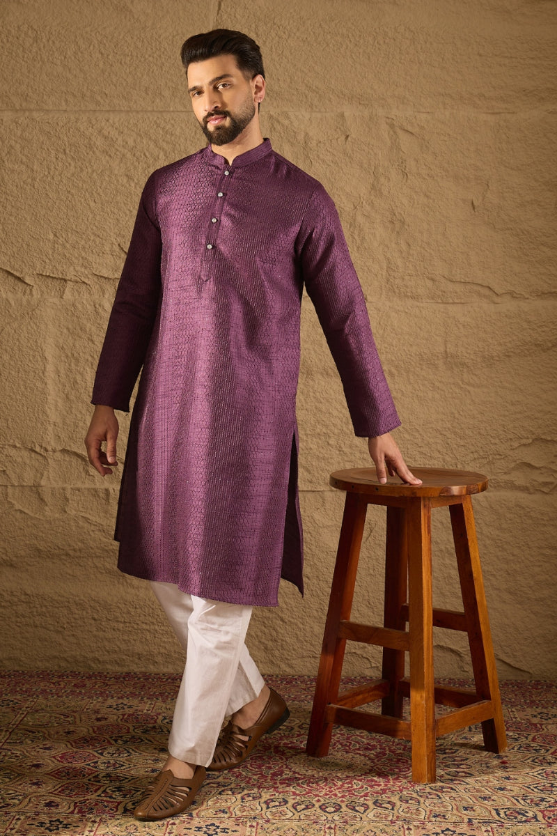 Purple Silk Blend Solid Embroidered Straight Kurta with Trouser | SHOBITAM