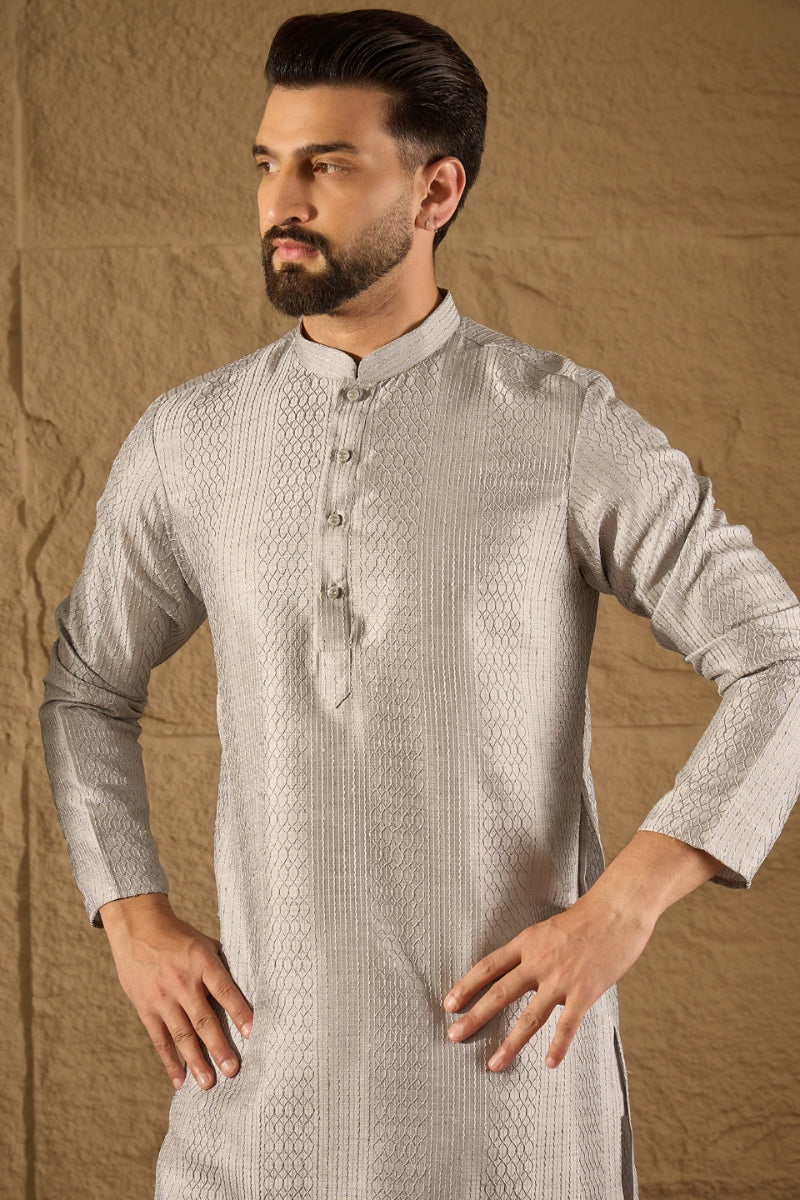 Grey Silk Blend Solid Embroidered Straight Kurta | SHOBITAM