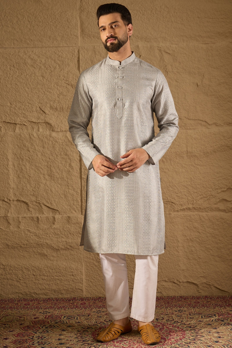 Grey Silk Blend Solid Embroidered Straight Kurta | SHOBITAM