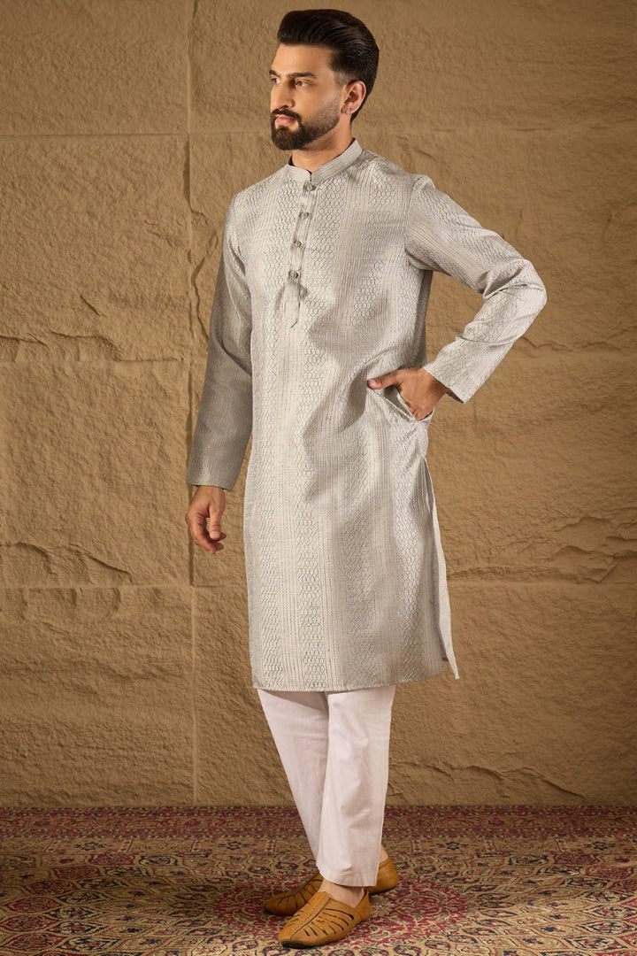 Grey Silk Blend Solid Embroidered Straight Kurta | SHOBITAM