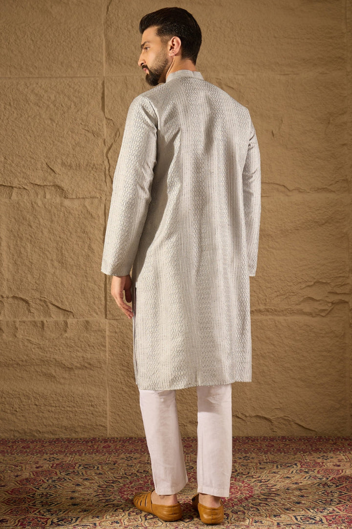 Grey Silk Blend Solid Embroidered Straight Kurta | SHOBITAM