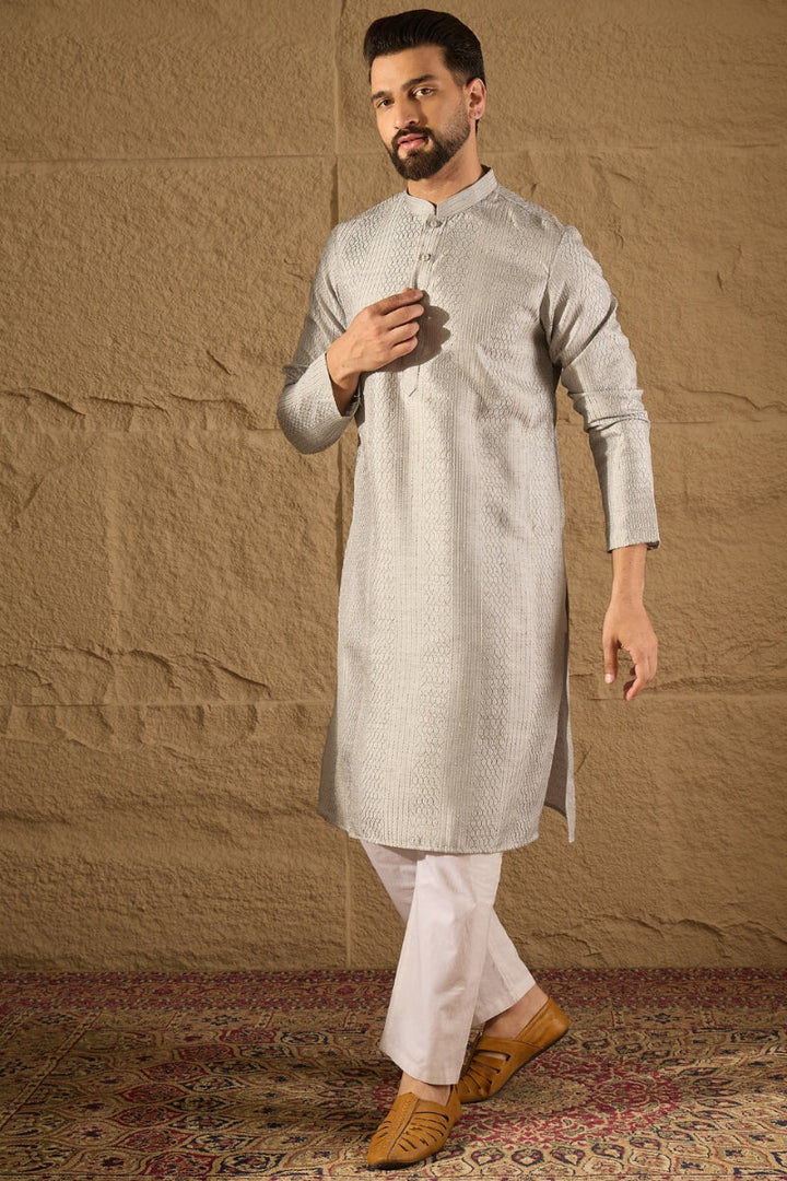 Grey Silk Blend Solid Embroidered Straight Kurta | SHOBITAM