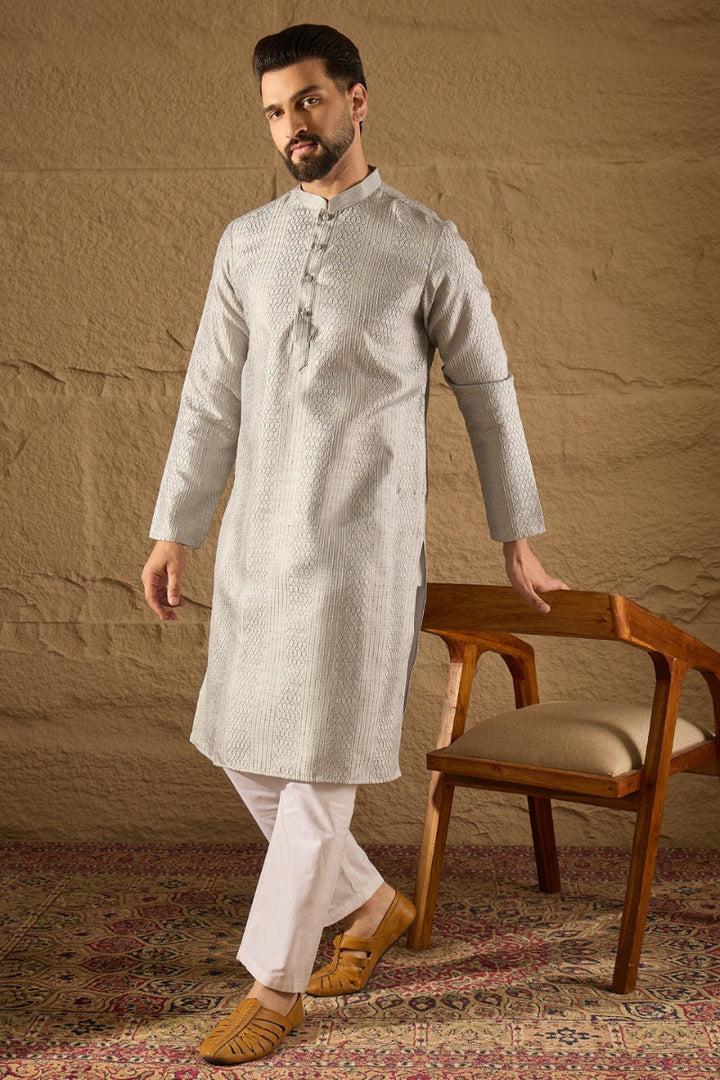 Grey Silk Blend Solid Embroidered Straight Kurta | SHOBITAM