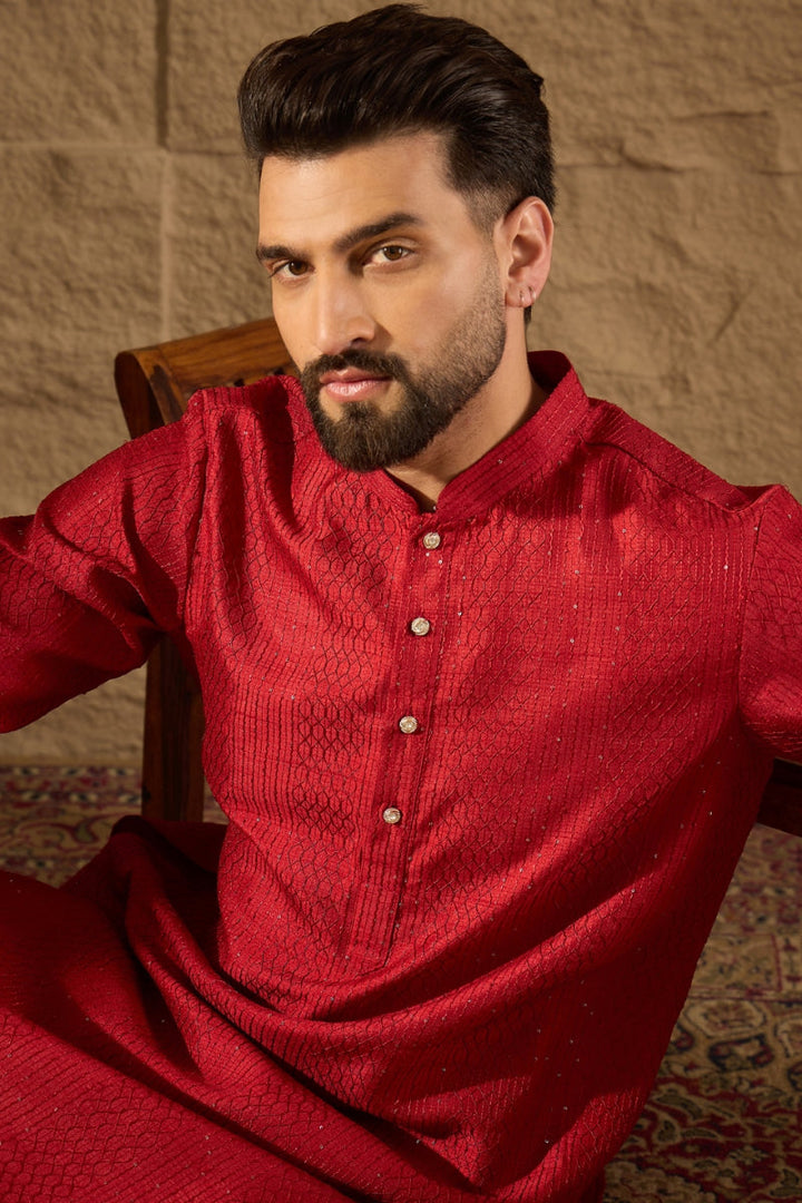 Red Viscose Rayon Embroidered Mandarin Collar Straight Kurta | SHOBITAM