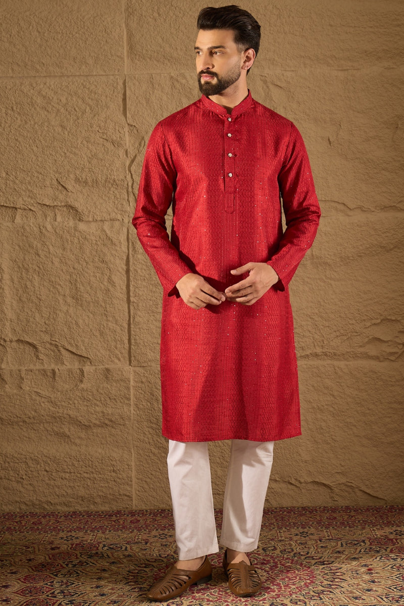 Red Silk Blend Solid Embroidered Straight Kurta with Trouser | SHOBITAM