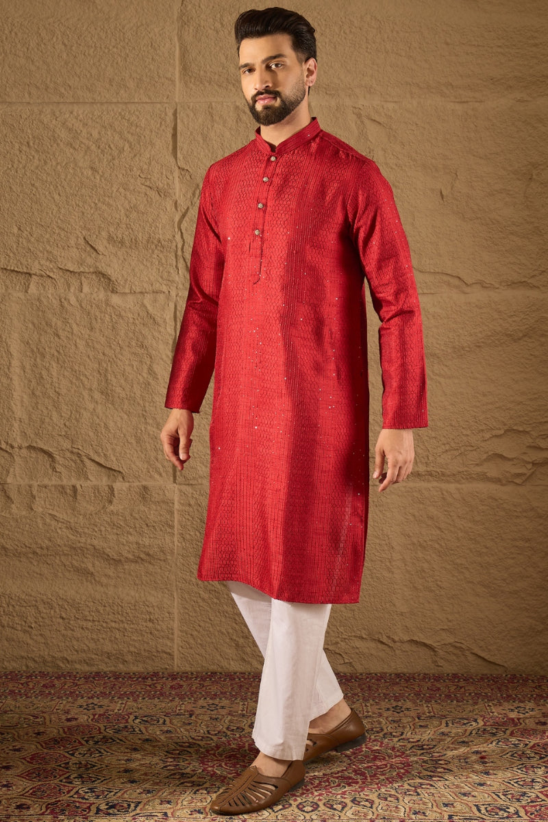 Red Viscose Rayon Embroidered Mandarin Collar Straight Kurta | SHOBITAM