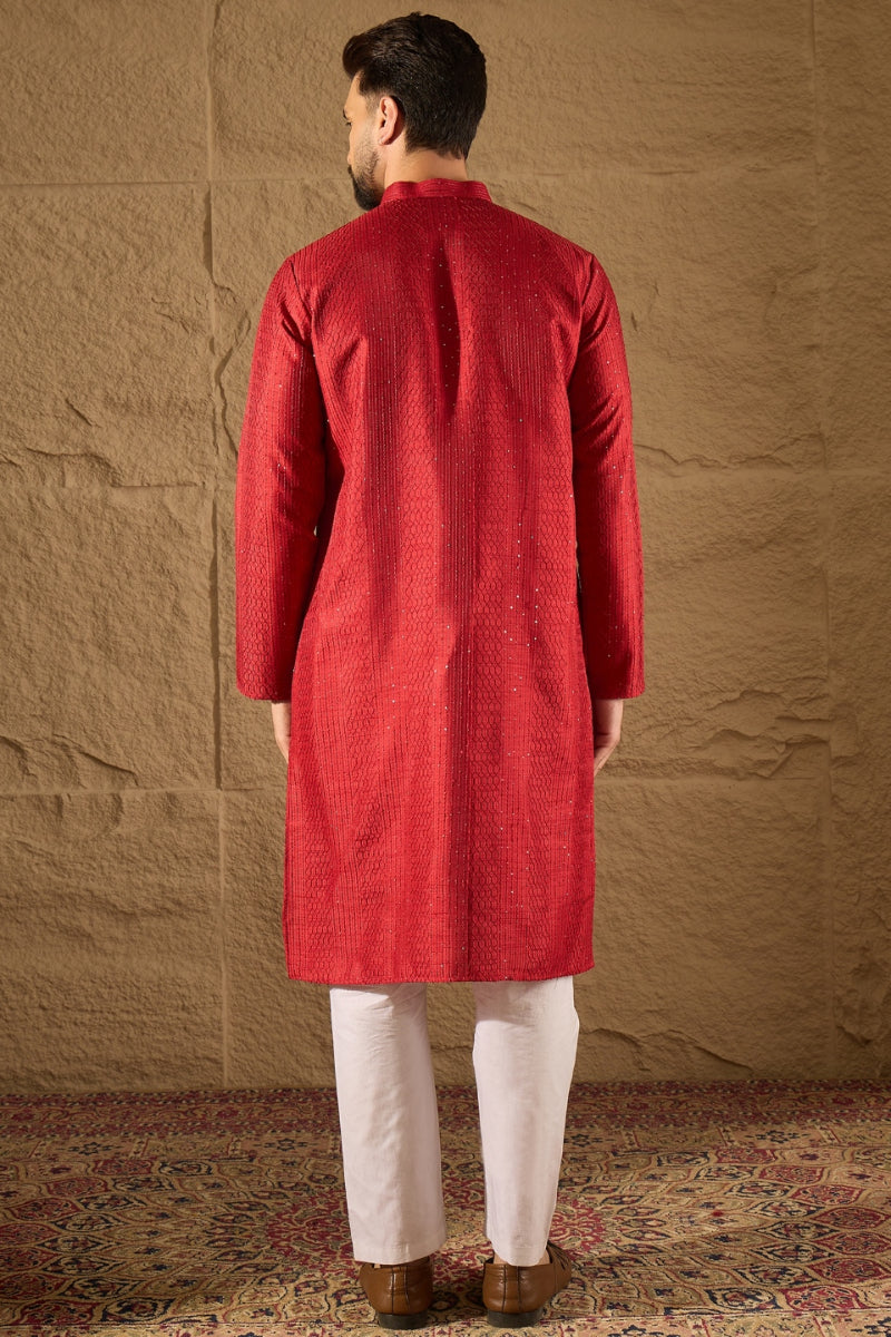 Red Silk Blend Solid Embroidered Straight Kurta with Trouser | SHOBITAM