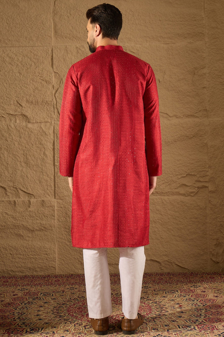 Red Silk Blend Solid Embroidered Straight Kurta with Trouser | SHOBITAM