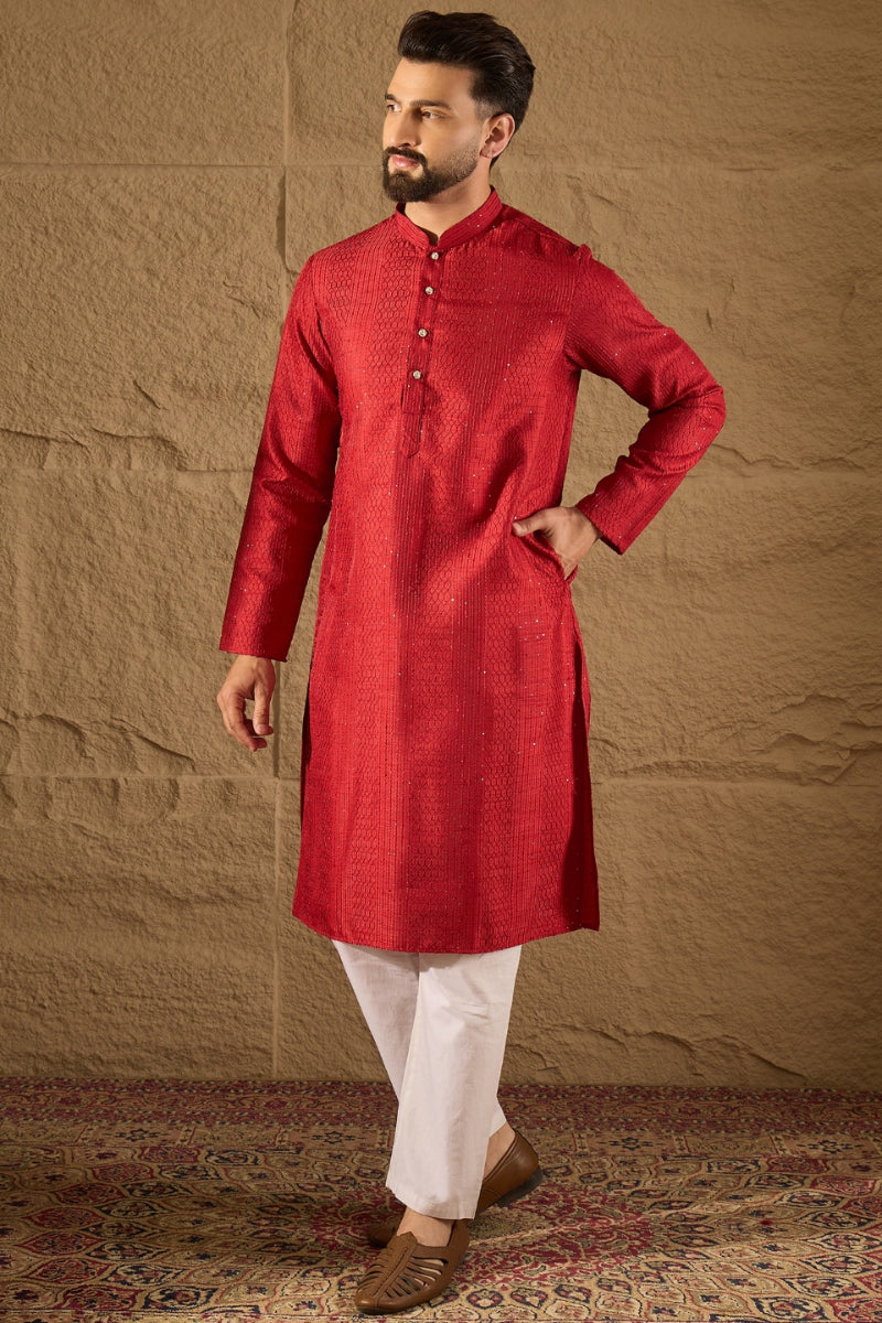 Red Silk Blend Solid Embroidered Straight Kurta with Trouser | SHOBITAM