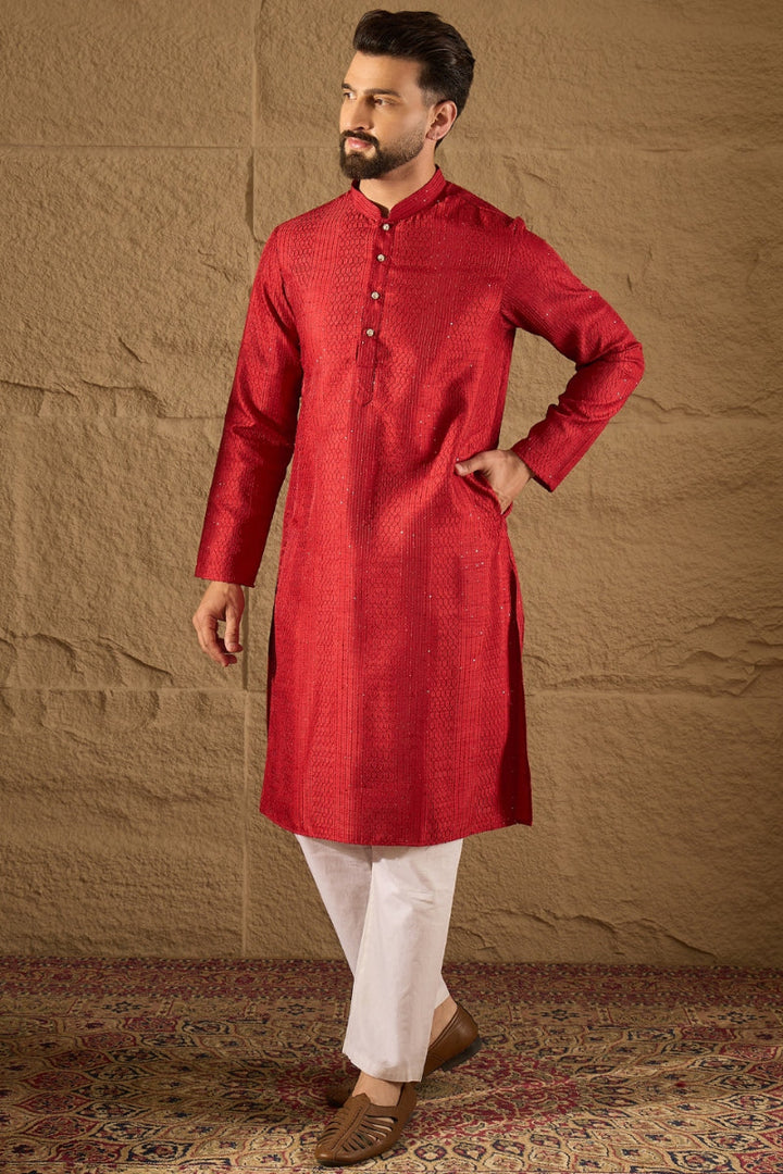 Red Silk Blend Solid Embroidered Straight Kurta with Trouser | SHOBITAM