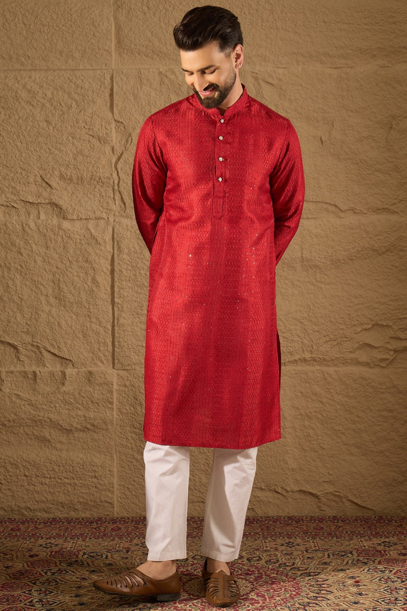 Red Silk Blend Solid Embroidered Straight Kurta with Trouser | SHOBITAM