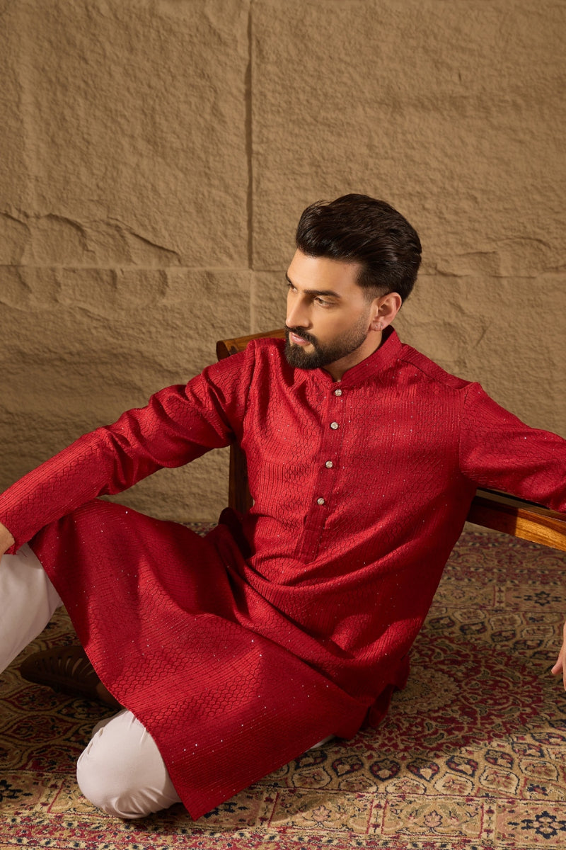 Red Silk Blend Solid Embroidered Straight Kurta with Trouser | SHOBITAM