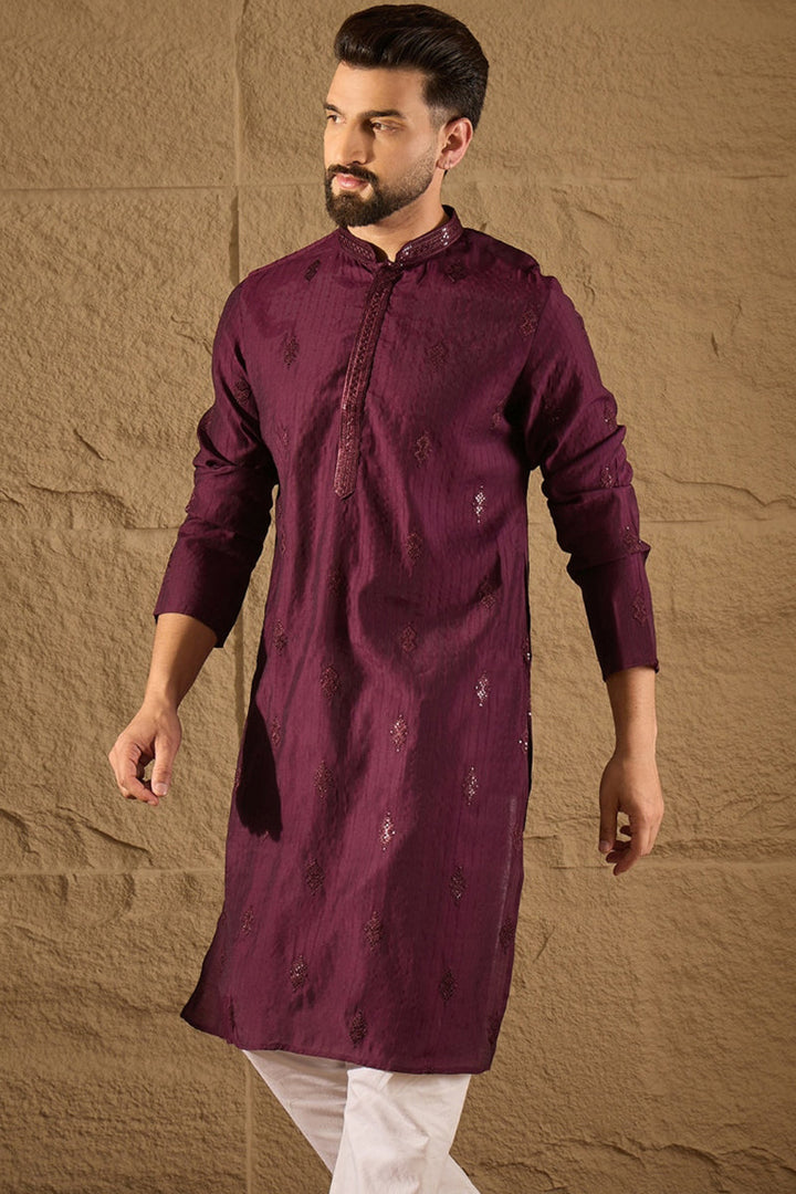 Purple Viscose Rayon Solid Embroidered Straight Kurta | SHOBITAM