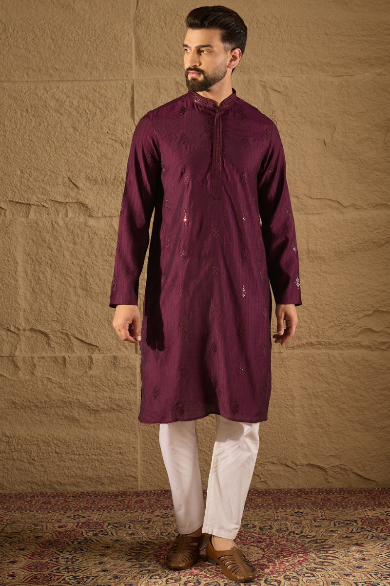 Purple Viscose Rayon Solid Embroidered Straight Kurta | SHOBITAM