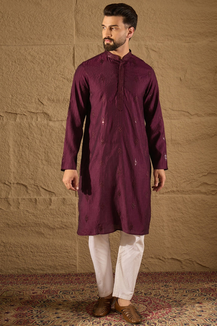 Purple Viscose Rayon Solid Embroidered Straight Kurta | SHOBITAM