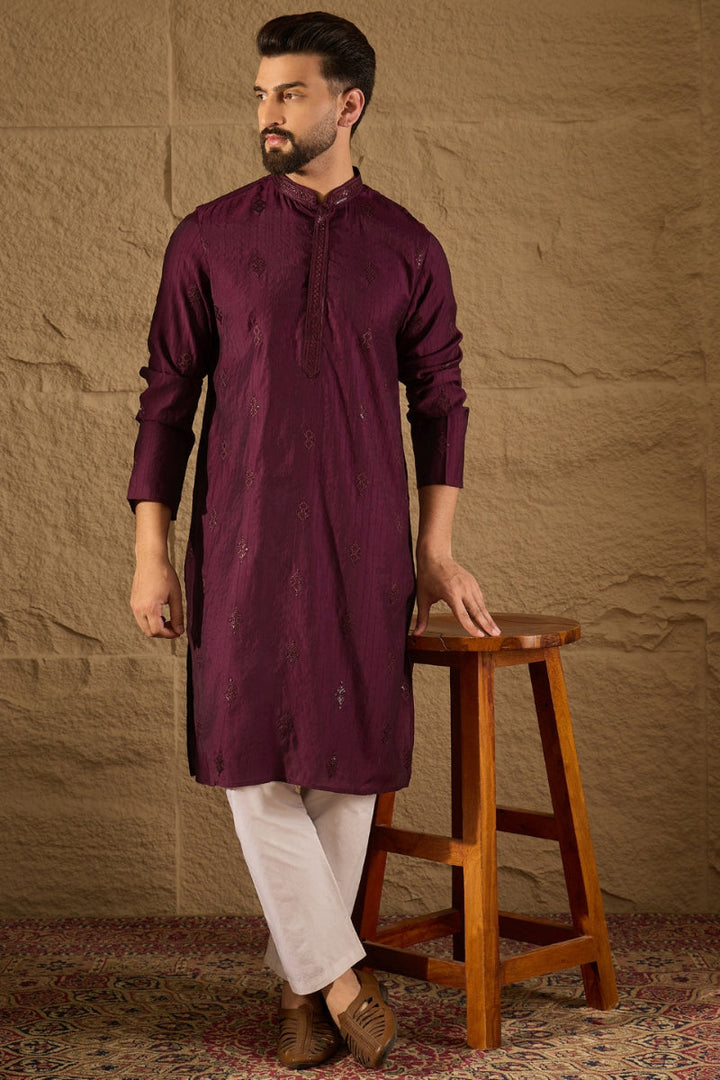 Purple Viscose Rayon Solid Embroidered Straight Kurta | SHOBITAM