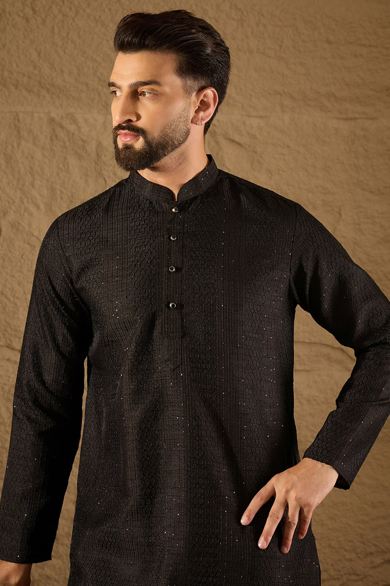 Black Silk Blend Solid Embroidered Straight Kurta with Trouser | SHOBITAM