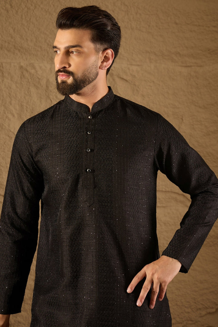 Black Viscose Rayon Embroidered Mandarin Collar Straight Kurta | SHOBITAM