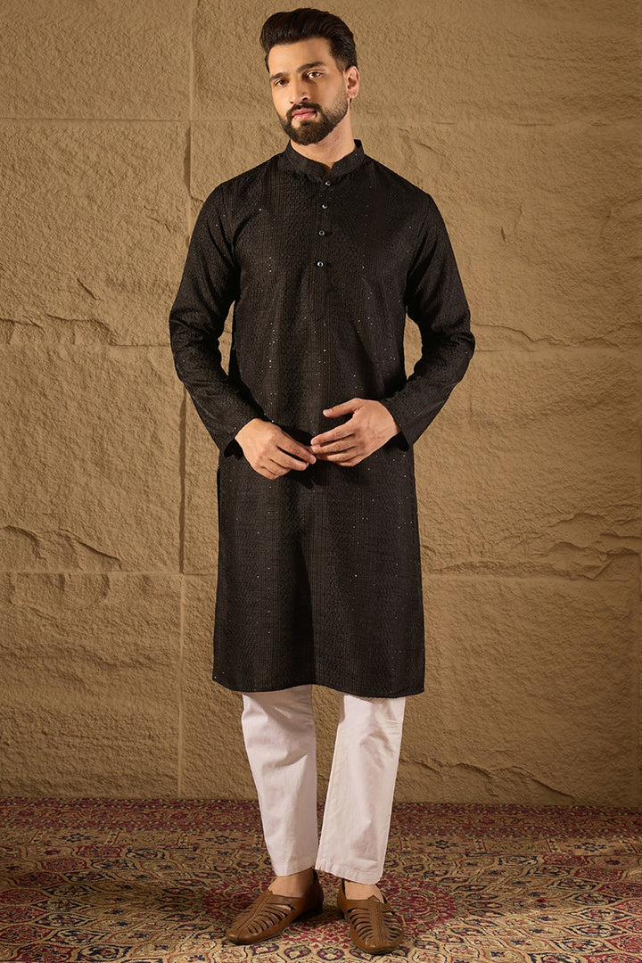 Black Silk Blend Solid Embroidered Straight Kurta with Trouser | SHOBITAM