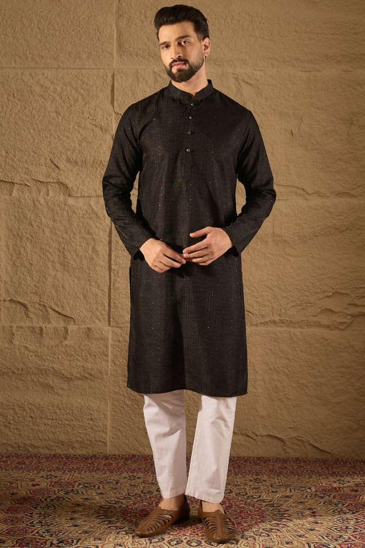 Black Viscose Rayon Embroidered Mandarin Collar Straight Kurta | SHOBITAM