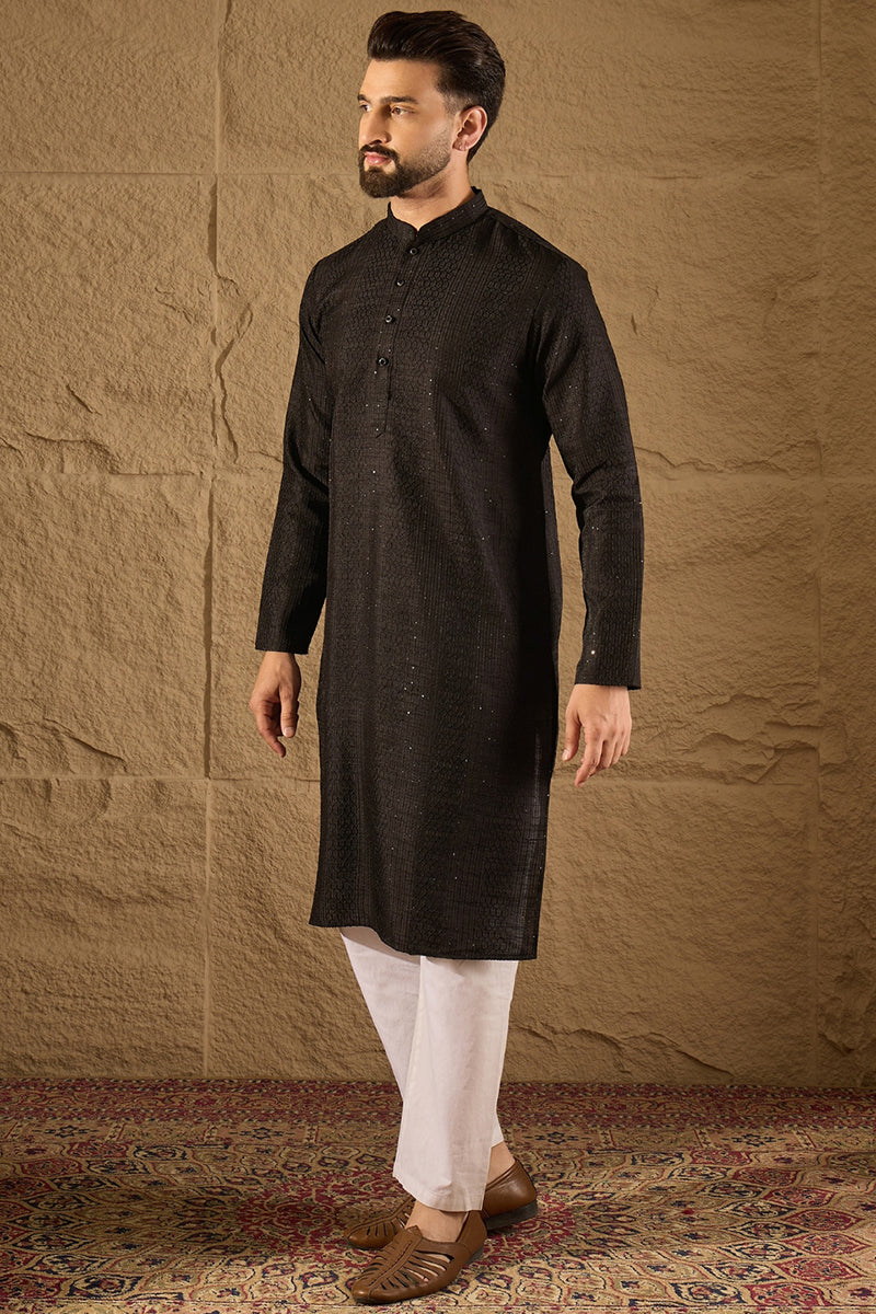 Black Silk Blend Solid Embroidered Straight Kurta with Trouser | SHOBITAM