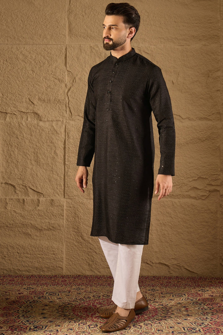 Black Viscose Rayon Embroidered Mandarin Collar Straight Kurta | SHOBITAM