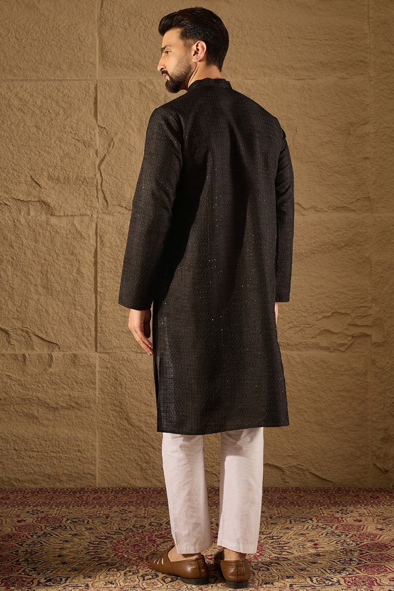 Black Silk Blend Solid Embroidered Straight Kurta with Trouser | SHOBITAM