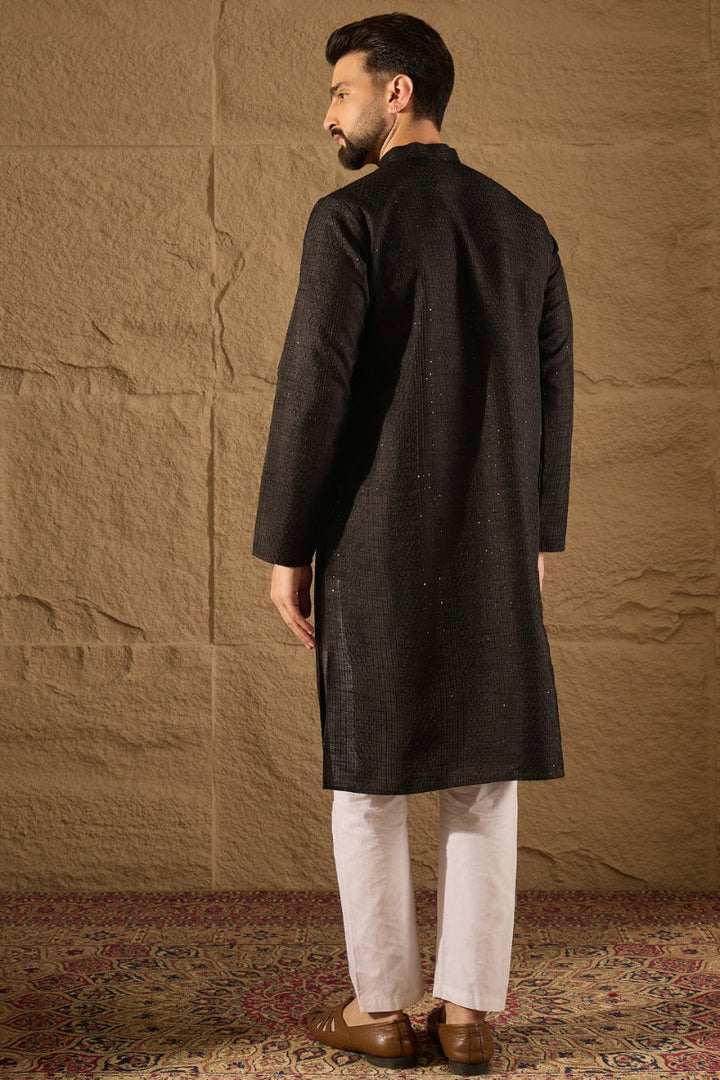 Black Viscose Rayon Embroidered Mandarin Collar Straight Kurta | SHOBITAM