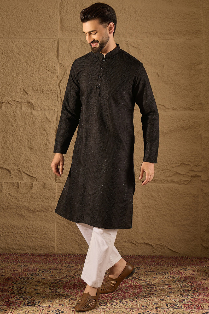 Black Silk Blend Solid Embroidered Straight Kurta with Trouser | SHOBITAM