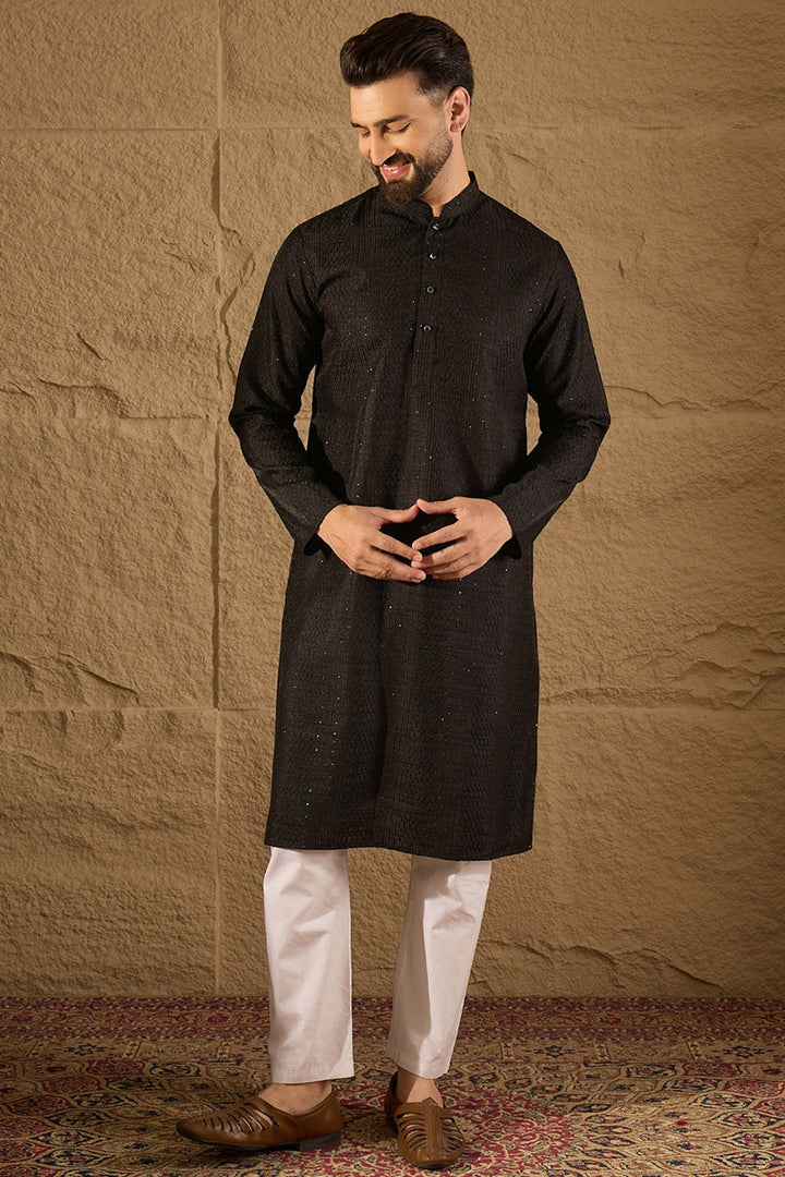 Black Silk Blend Solid Embroidered Straight Kurta with Trouser | SHOBITAM