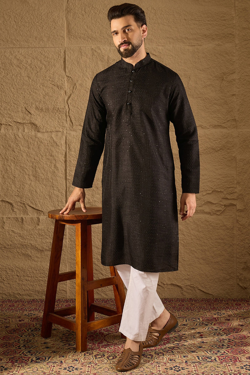 Black Silk Blend Solid Embroidered Straight Kurta with Trouser | SHOBITAM