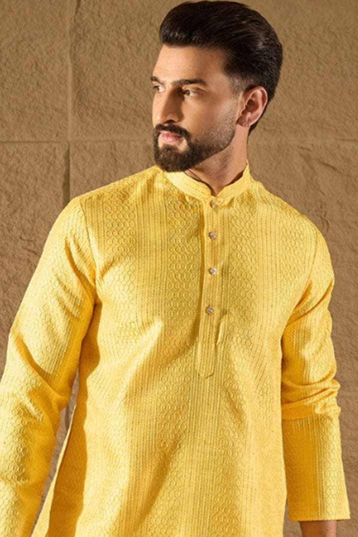Yellow Viscose Rayon Embroidered Mandarin Collar Straight Kurta | SHOBITAM