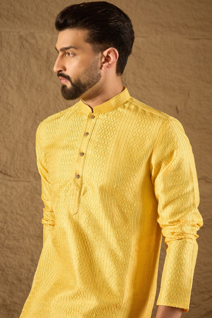 Yellow Silk Blend Solid Embroidered Straight Kurta with Trouser | SHOBITAM