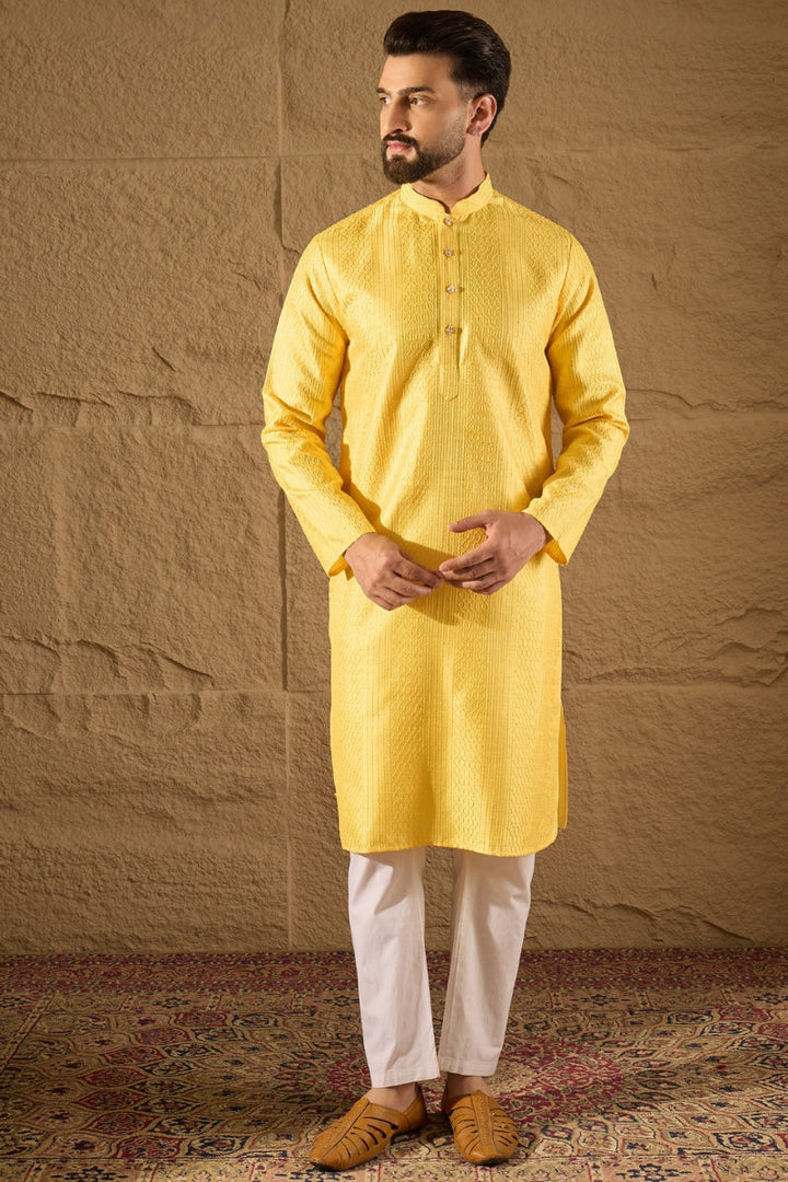 Yellow Silk Blend Solid Embroidered Straight Kurta with Trouser | SHOBITAM