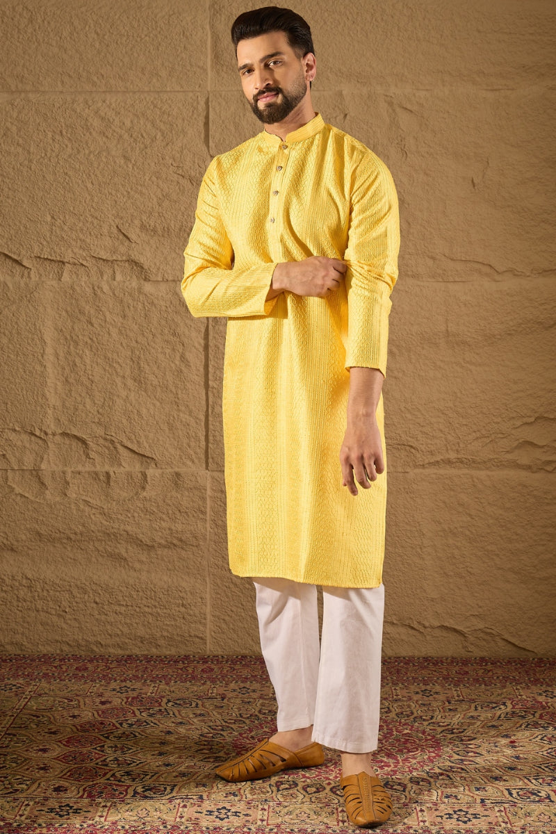 Yellow Viscose Rayon Embroidered Mandarin Collar Straight Kurta | SHOBITAM