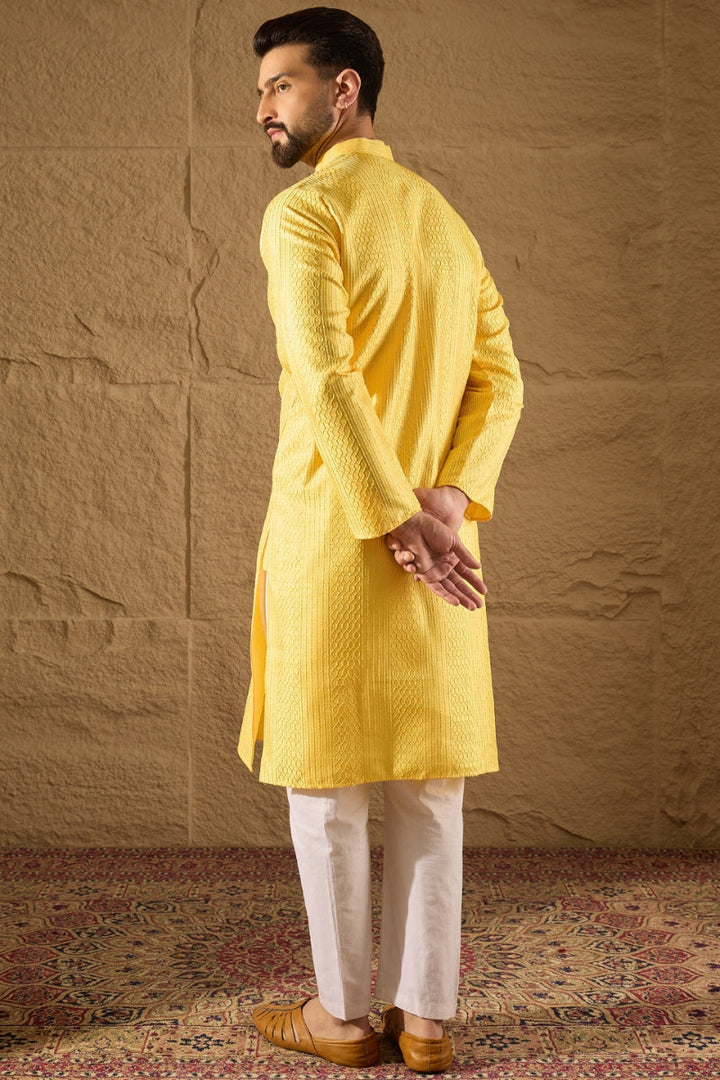 Yellow Silk Blend Solid Embroidered Straight Kurta with Trouser | SHOBITAM