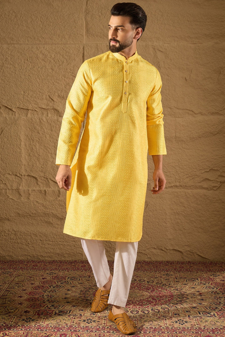 Yellow Silk Blend Solid Embroidered Straight Kurta with Trouser | SHOBITAM