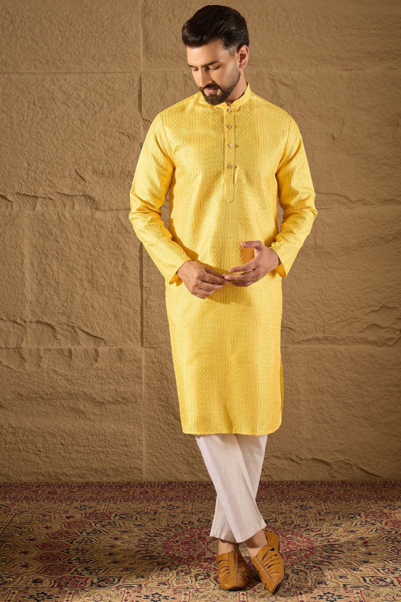 Yellow Silk Blend Solid Embroidered Straight Kurta with Trouser | SHOBITAM