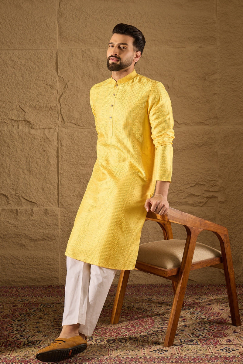 Yellow Silk Blend Solid Embroidered Straight Kurta with Trouser | SHOBITAM