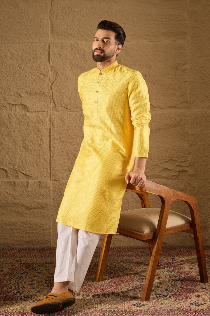 Yellow Silk Blend Solid Embroidered Straight Kurta with Trouser | SHOBITAM