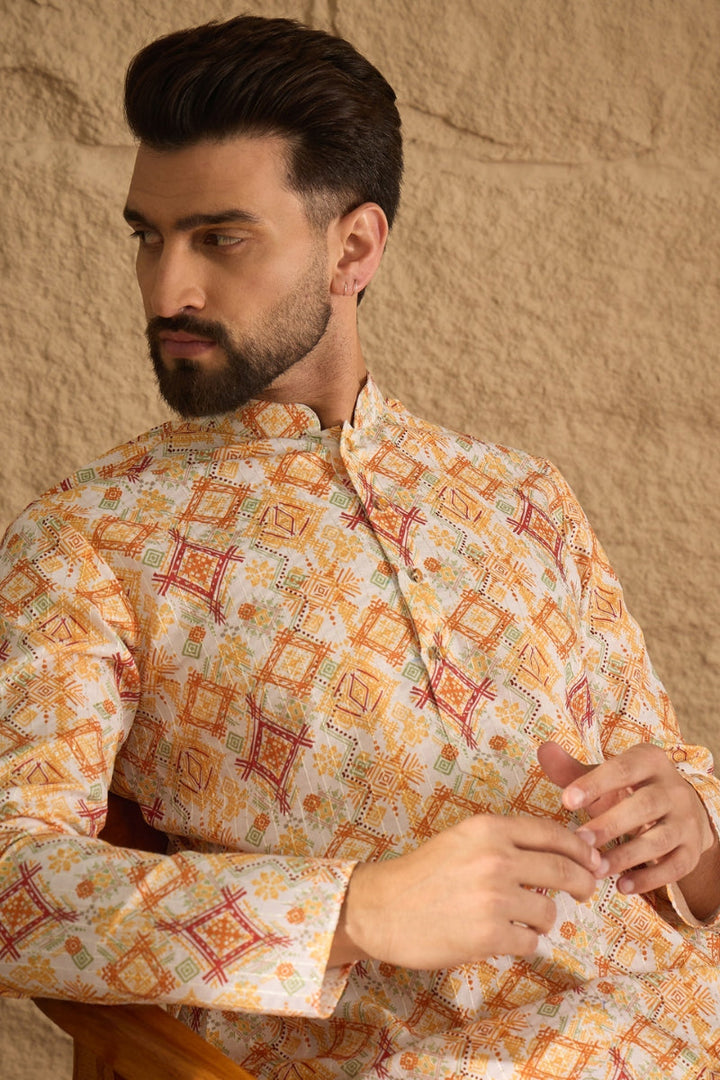 White Silk Blend Geometric Embroidered Straight Kurta | SHOBITAM