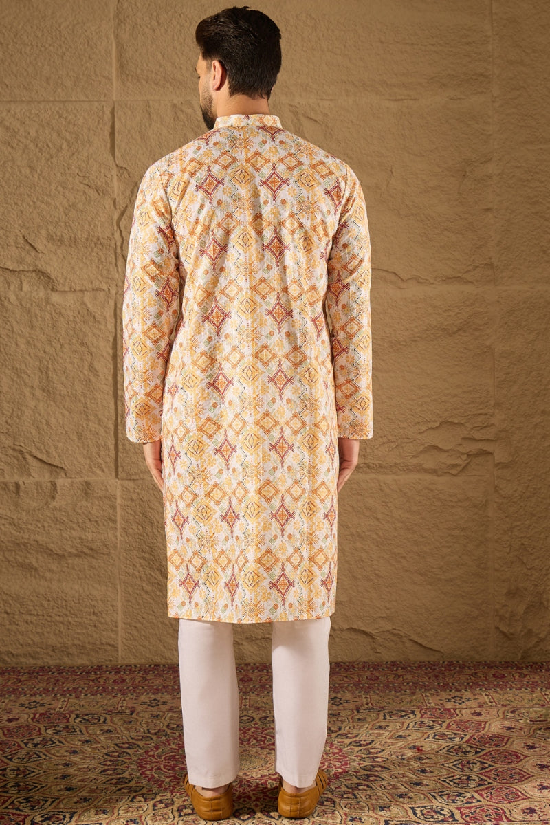 White Silk Blend Geometric Embroidered Straight Kurta | SHOBITAM