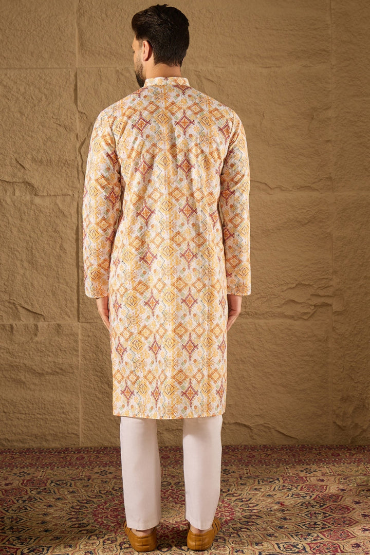 White Silk Blend Geometric Embroidered Straight Kurta | SHOBITAM