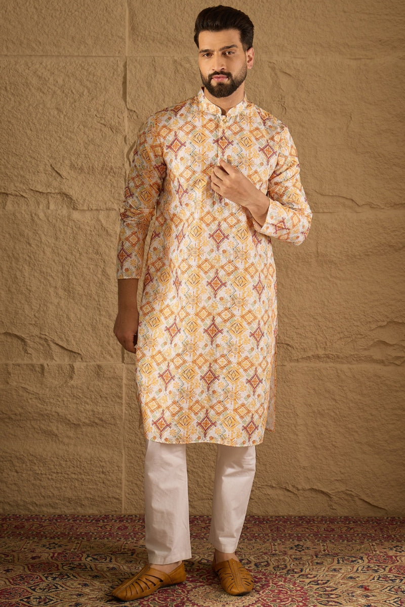 White Silk Blend Geometric Embroidered Straight Kurta | SHOBITAM