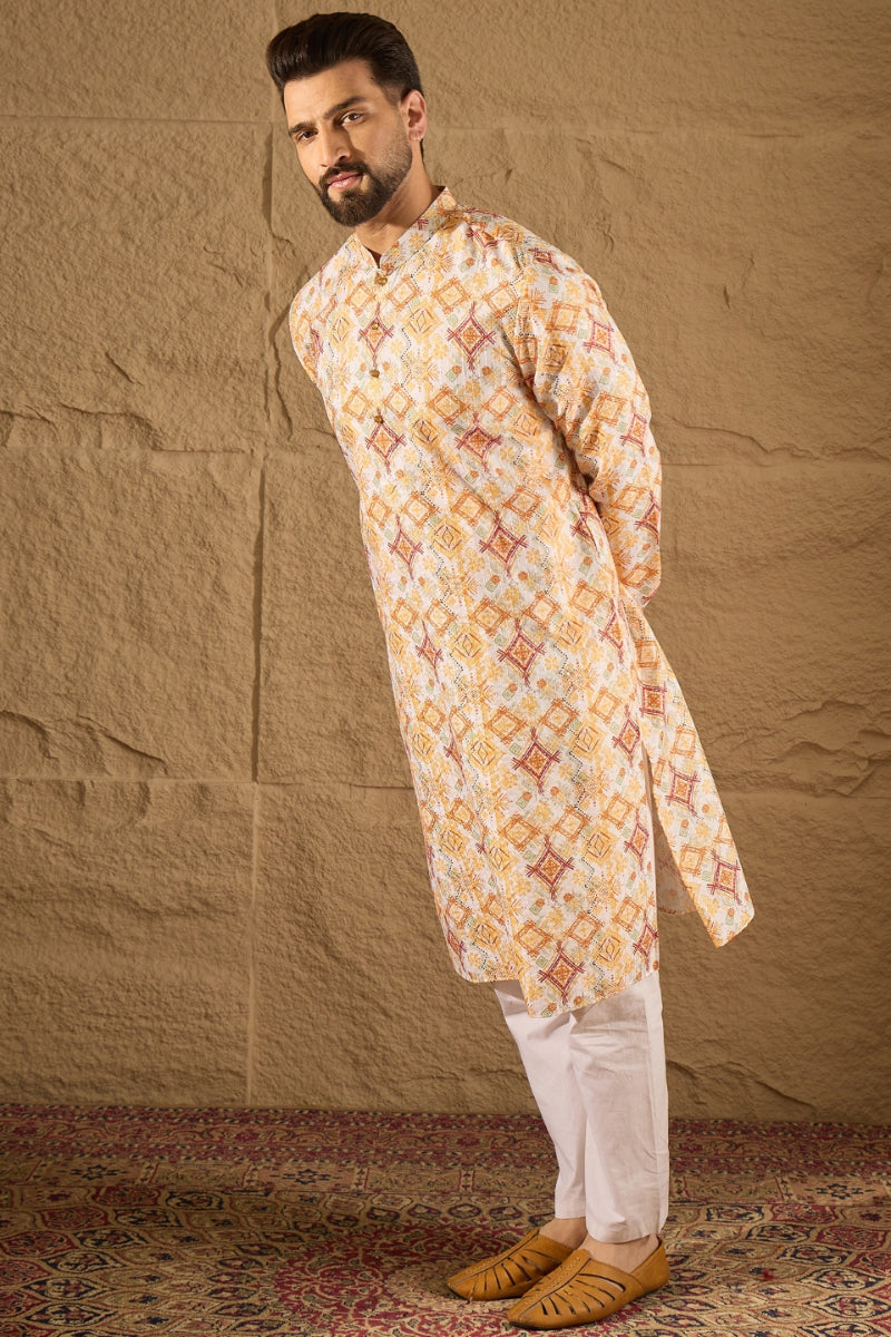 White Silk Blend Geometric Embroidered Straight Kurta | SHOBITAM