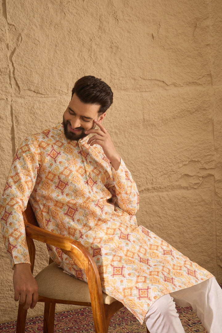 White Silk Blend Geometric Embroidered Straight Kurta | SHOBITAM