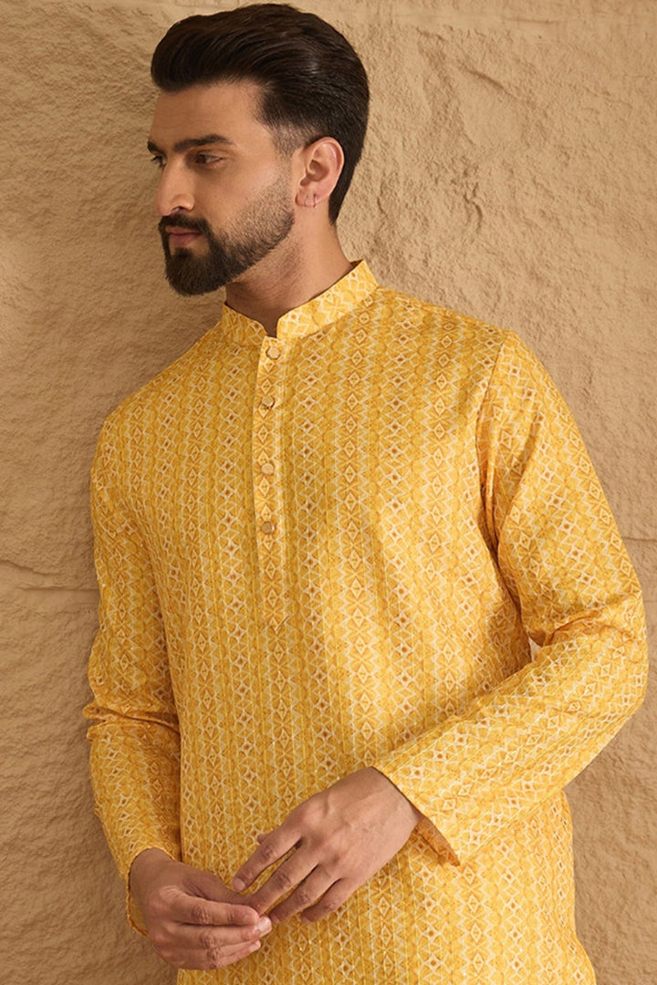 Yellow Silk Blend Geometric Embroidered Straight Kurta | SHOBITAM
